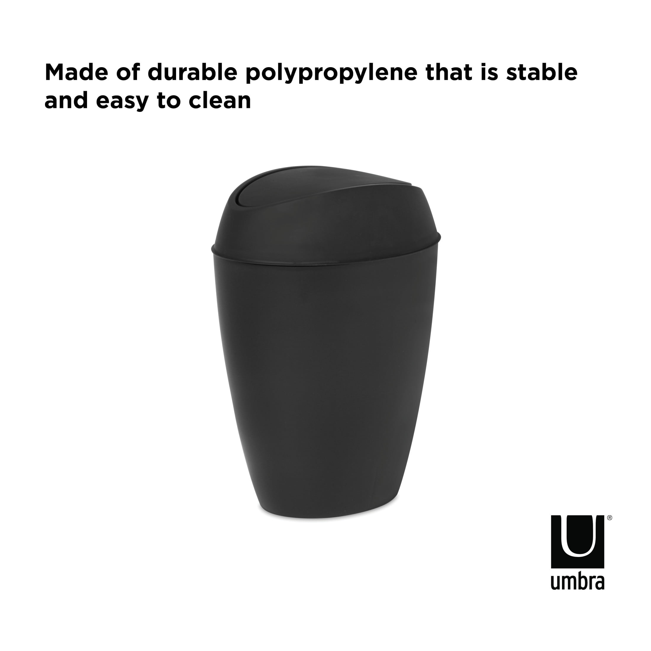 Umbra 2.4 gal Twirla Plastic Swing Top Lid Bathroom Trash Can Garbage Can, Black