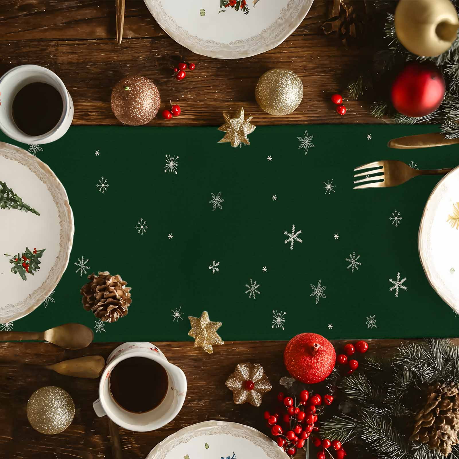 Green Christmas Tree Dresser Scarf Farmhouse, Dining Table Decorations for Wedding/Parties, Xmas Tree Winter Snowflake Table Runner 108 Inches Long for Kitchen Dining, 13 x 108 In