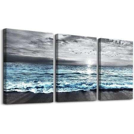 Wall Decorations For Living Room 3 Piece Framed Canvas Wall Art For Bedroom Office Wall Decor Black And White Wall Painting Blue Ocean Sea Wave Pictures Artwork For Modern Beach Posters Home Decor