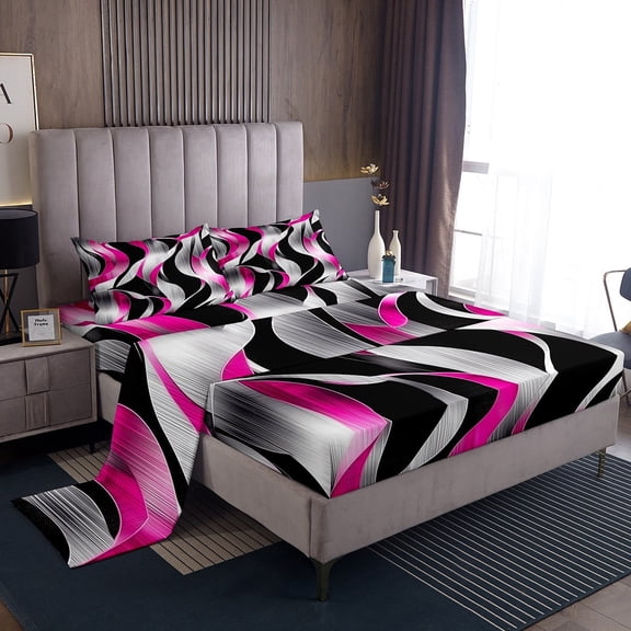 Erosebridal Pink Stripes Sheet Set Twin,Abstract Artwork Bedding Sets Twin Size,Spiral Lines Twin Sheet Sets,Lightweight Geometric Bedroom Decorative,3pcs