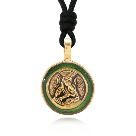 - Green Mother Mary With Lord Jesus Handmade Brass Charm Oval Necklace Pendant Jewelry With Cotton Cord