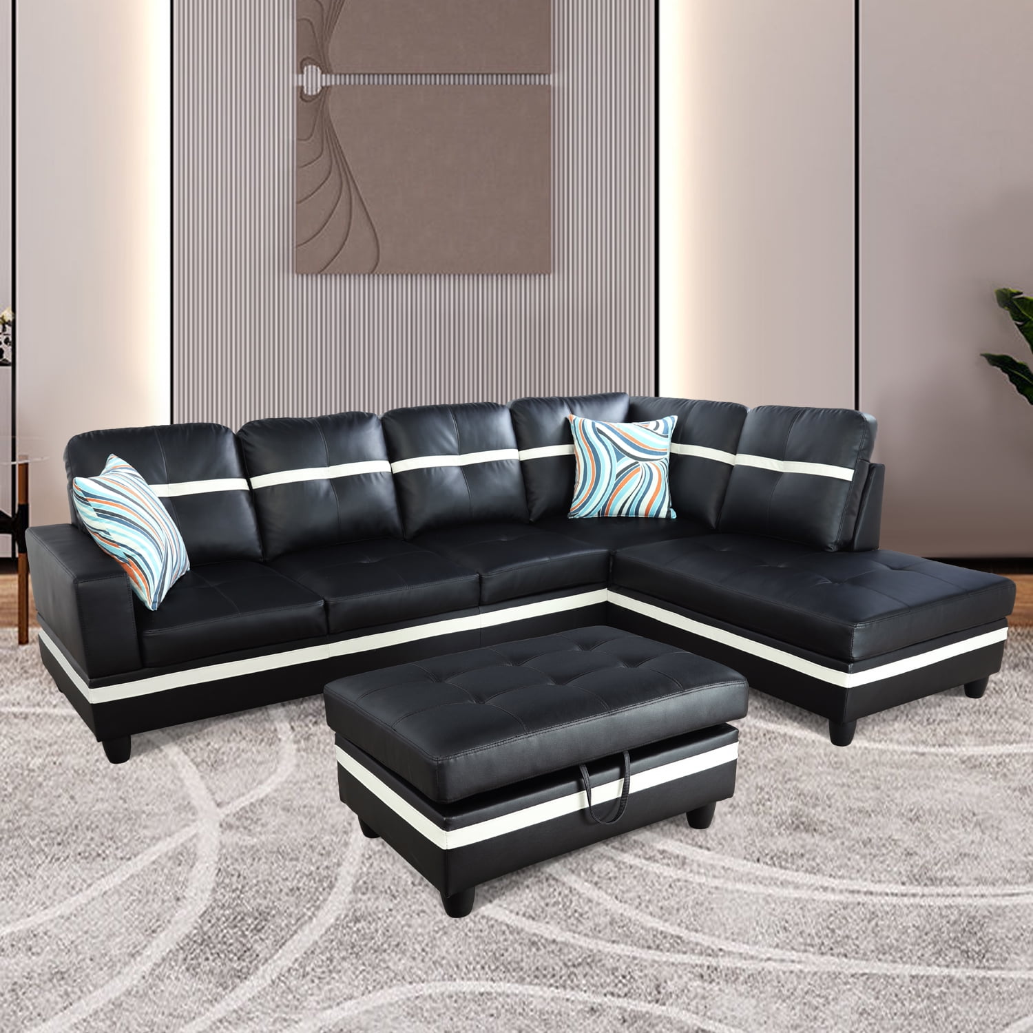 PonLiving Sectional Sofa Couch, L-Shaped 3-Piece Couch Living Room Sofa Set for Small Space, Apartment, Loft, Office, Right Hand Facing, Black&White