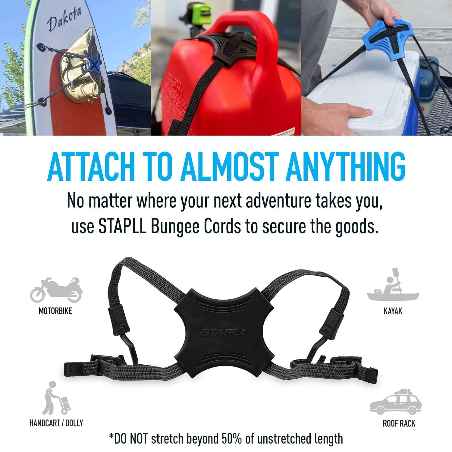 Tack Strap – 4-Way Flat Bungee Cord with Rubber Pad Grip, Non-Slip Adjustable Tie Down Straps for Outdoor Gear, 2-Pack (Blue Eclipse)
