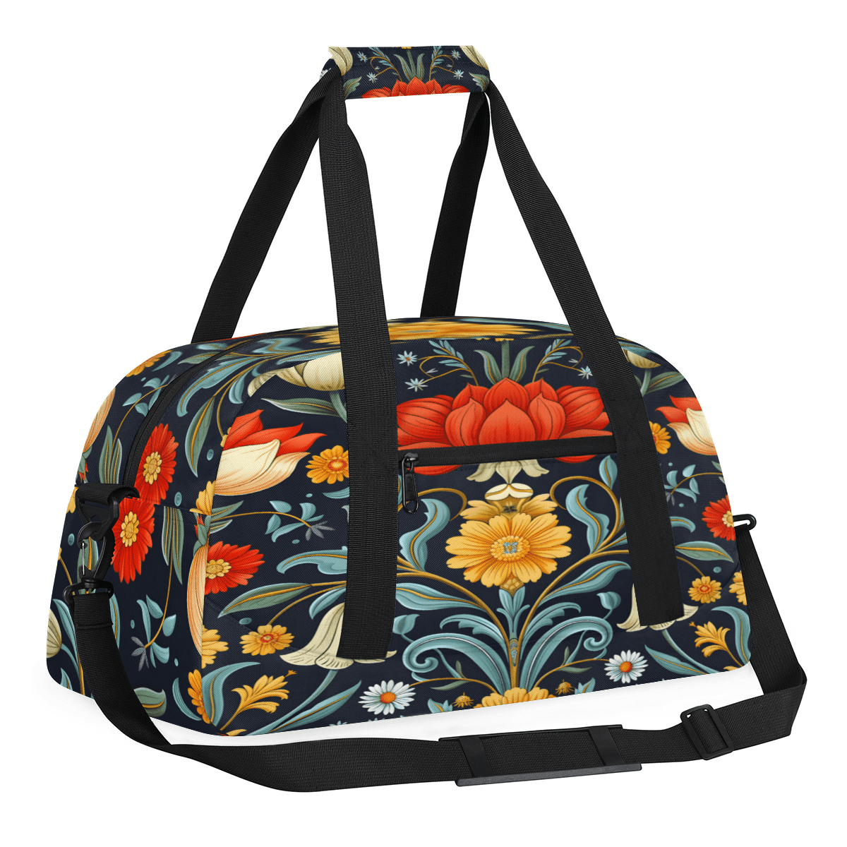 Herdesigns Retro Floral Sports Duffle Bag for Women & Men, Vintage Boho Flower Gym Bag Dance Bag Overnight Bag Carry On Weekender Travel Bag