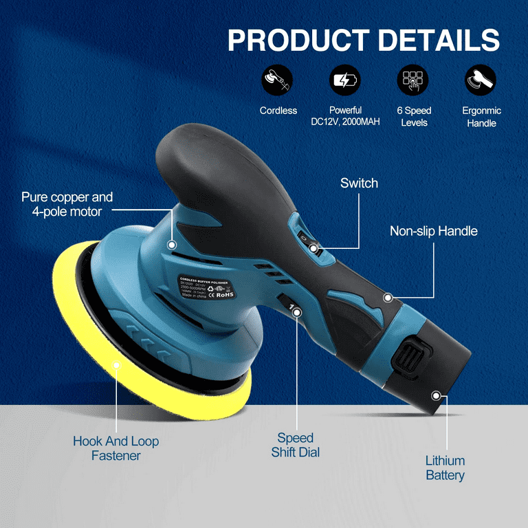 Cordless Car Buffer Polisher, 6 Inch Portable Rotary Buffer Polisher Waxer  Kit for Car Detailing, with 2PCS 2000mAh Batteries, 6 Variable Speed for Car  Waxing/Scratch Removing/Home Appliance Polishing 