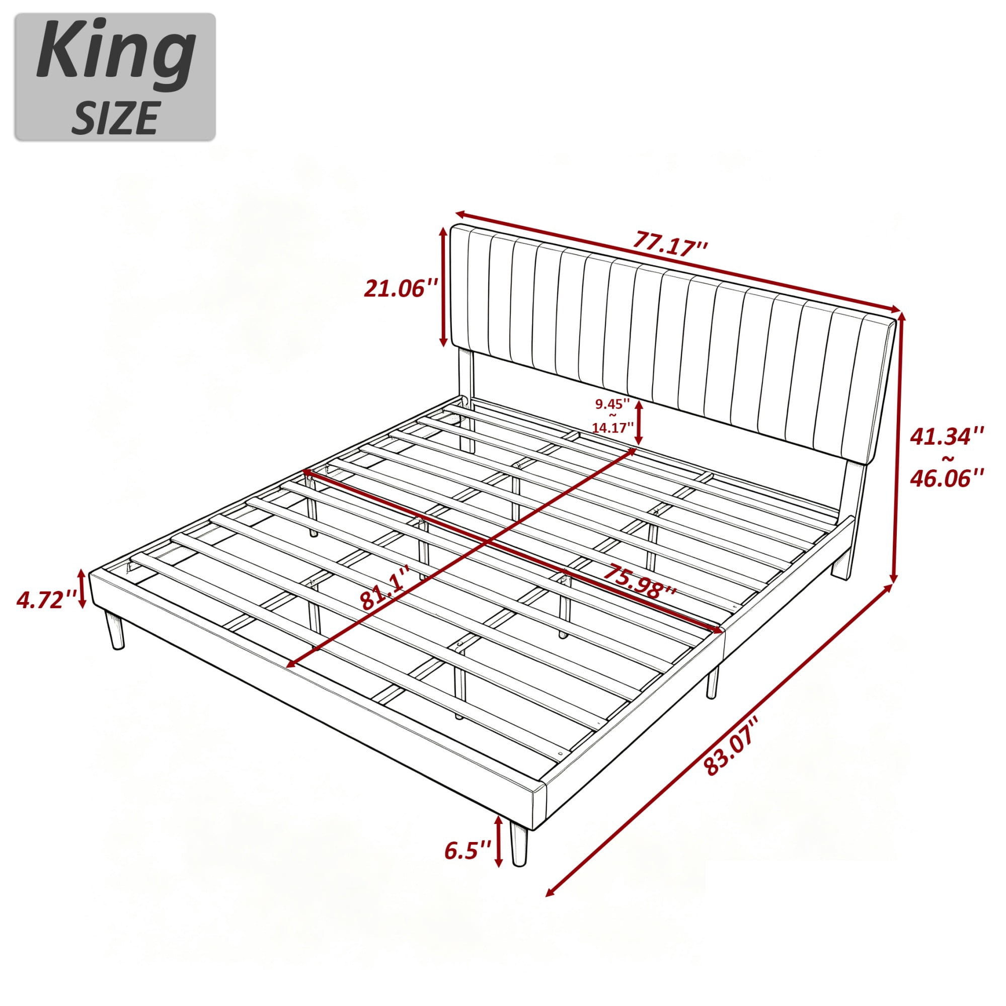 BSHTI King Size Velvet Platform Bed Frame with Adjustable Upholstered Headboard, Wood Slats, No Box Spring Needed for Bedroom（Black）