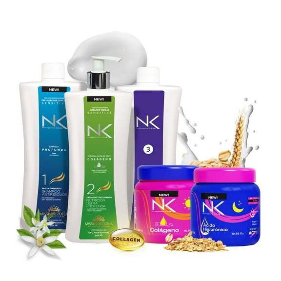 NK Professional Care 4-Step Keratin Hair Treatment Set – Keratin Treatment Kit with Step 1 & 2   Post-Treatment Shampoo   2 Hair Masks – Collagen & Hyaluronic Acid – Formaldehyde-Free, Vegan (32oz)