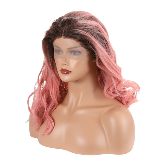 Unique Bargains Lace Front Wigs For Women 22" Black Pink Long Body Wave with Wig Cap