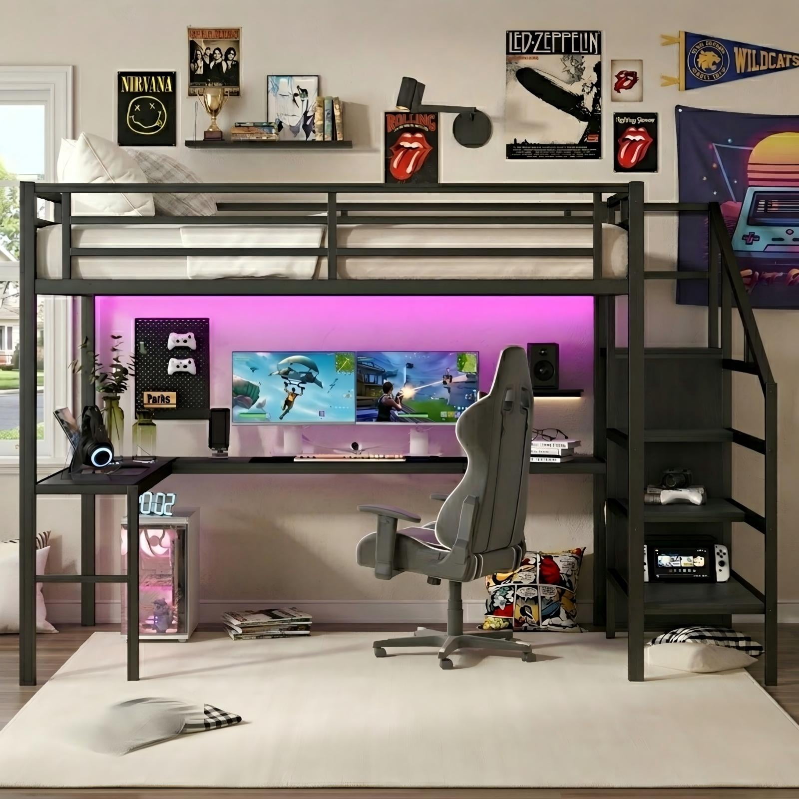 Aukfa Twin XL Loft Bed with L-Shaped Gaming Desk, Wardrobe, USB Ports & RGB Lights, Metal Loft Bed for Kids, Teens & Adults, Black
