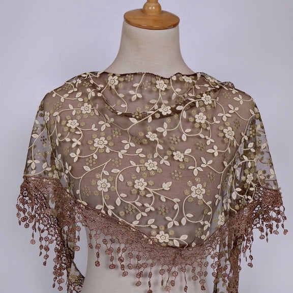 Namzi 138x40cm Triangle Lace Shawl Lightweight Soft Leaf Pattern Fringe Scarf for Evening Events, Weddings Elegant Draping,Brown