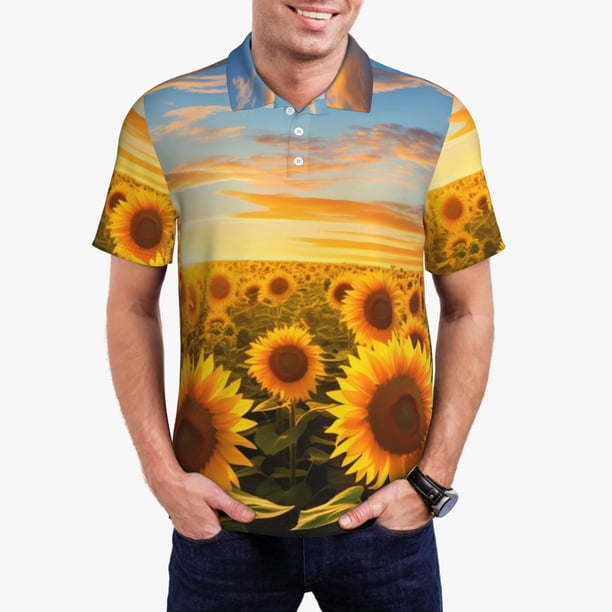 Balery Beautiful Golden Sunflower Field Camisa Polo de Hombre con Estampado, de Manga Corta y Tejido Medio, Camisa Tipo Golf Polo-Medium