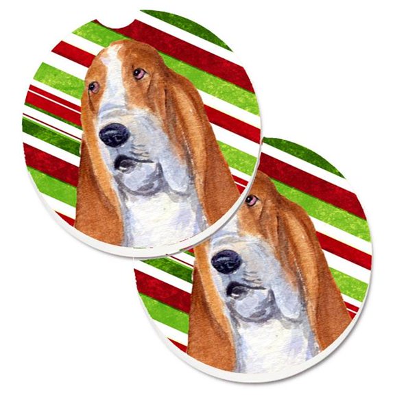 Basset Hound Candy Cane Holiday Christmas Set of 2 Cup Holder Car Coaster