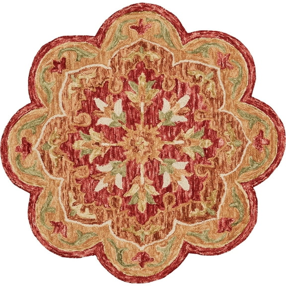 Laddha Home Designs 4' Red and Green Hand Tufted Medallion Floral Wool Area Throw Rug