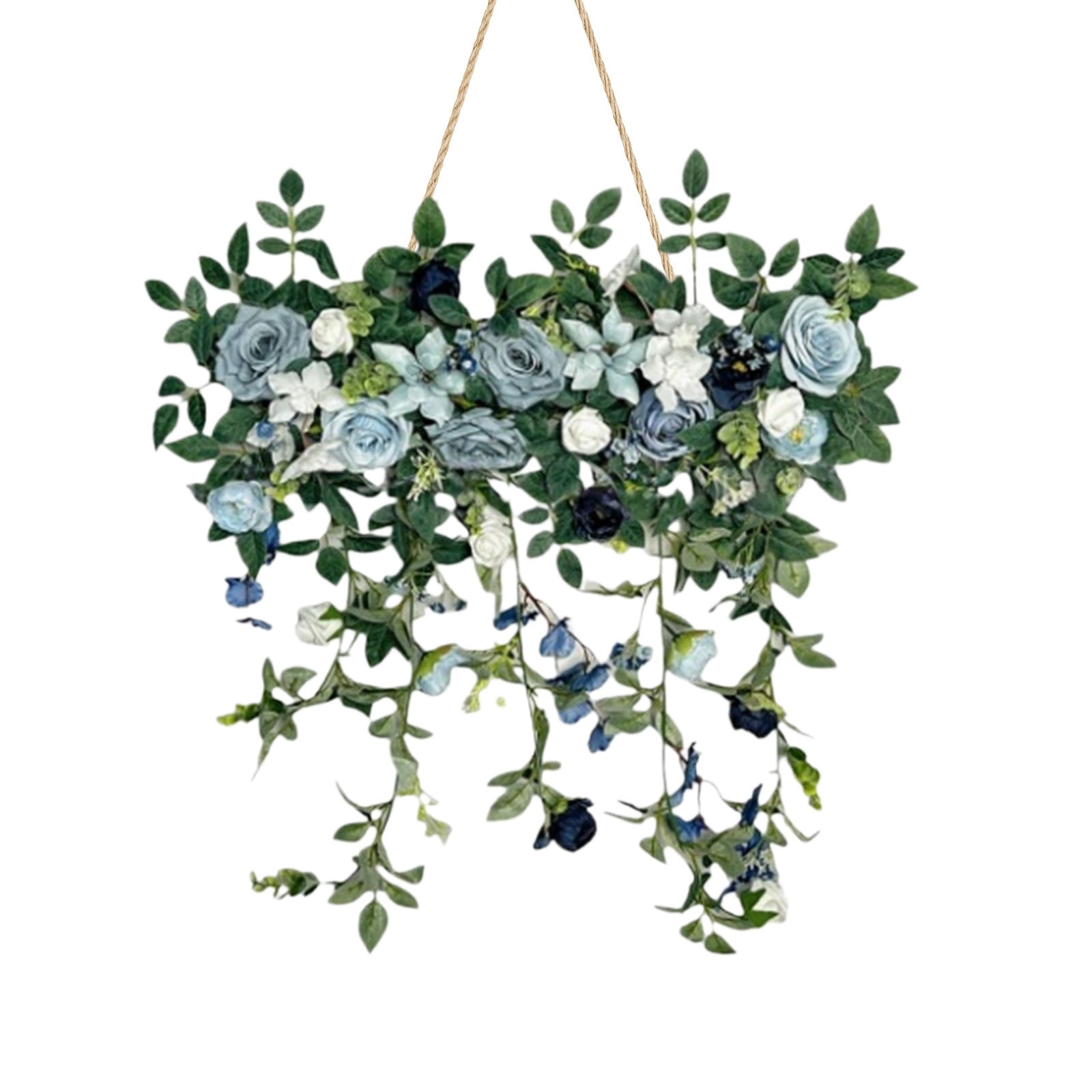 Artificial Hanging Floral Swag, Fake Rose Wall Hanging, UV Resistant Faux Floral Bouquet with Lush Foliage, Hanging Wall Decor for Spring Garden Wedding Home Office Kitchen Table Vase, Blue