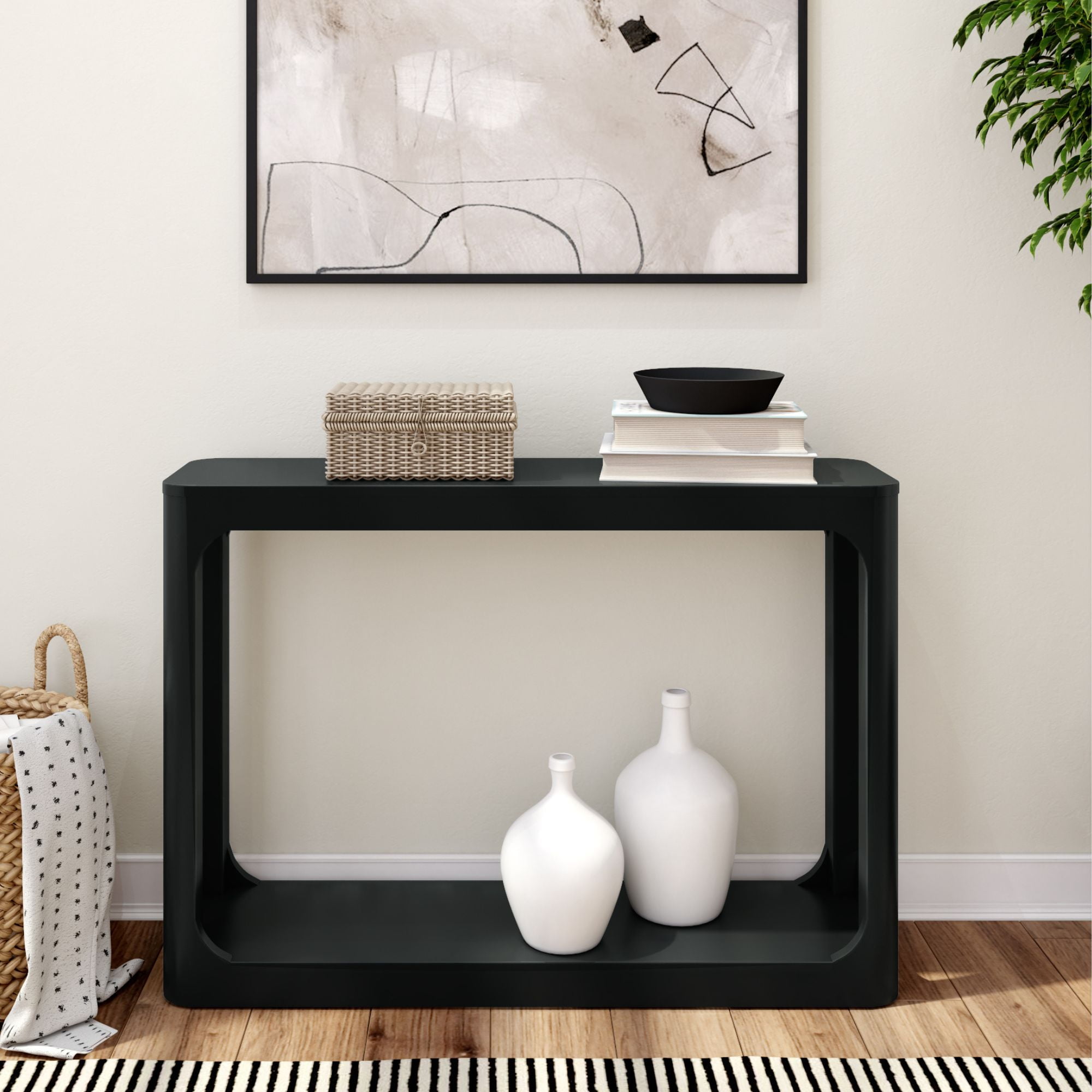 Plank+Beam 46" Forma Console Table, Solid Wood Rounded Edge Sofa Table with Storage Shelves, Narrow Entryway Table, Black