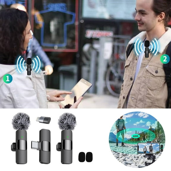 Wireless Lavalier Microphones with Noise Cancellation for Android Laptop 2 Mini Mics for Youtube Podcast Interview Vlog Livestreaming Outdoor Use Two Person Operation Metal Construction
