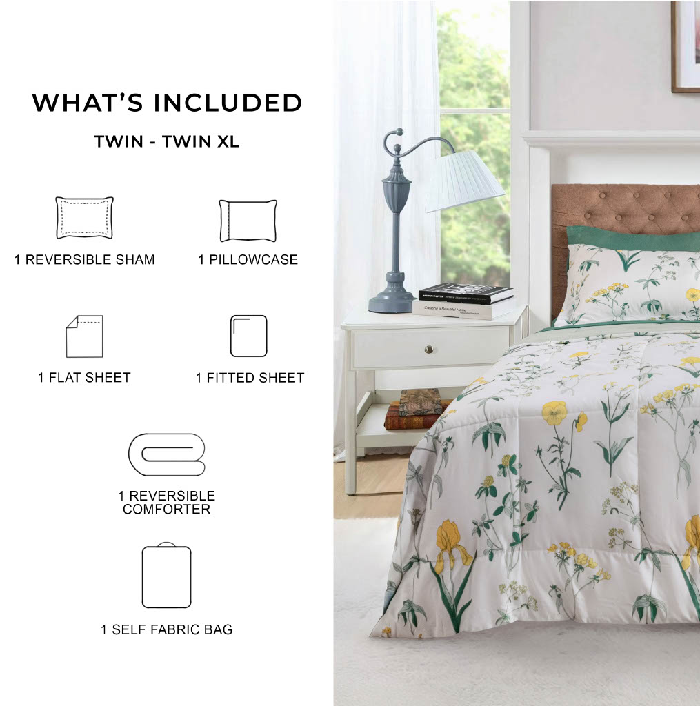 Mainstays All in One Reversible Comforter and Sheet set- 5 Piece, Twin, Golden Floral