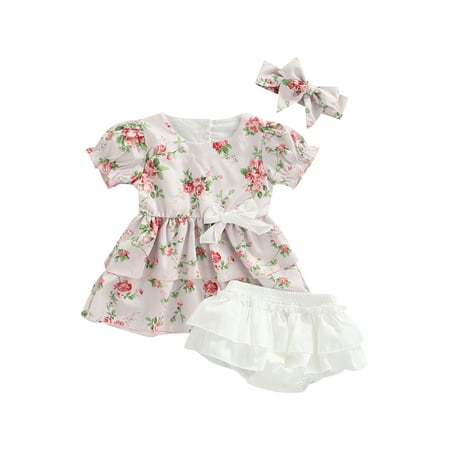 

JYYYBF 3Pcs Infant Baby Girl Summer Outfits Floral Print Puff Short Sleeve Dress Top+Shorts Skirt+Headband Sets 9-12 Months