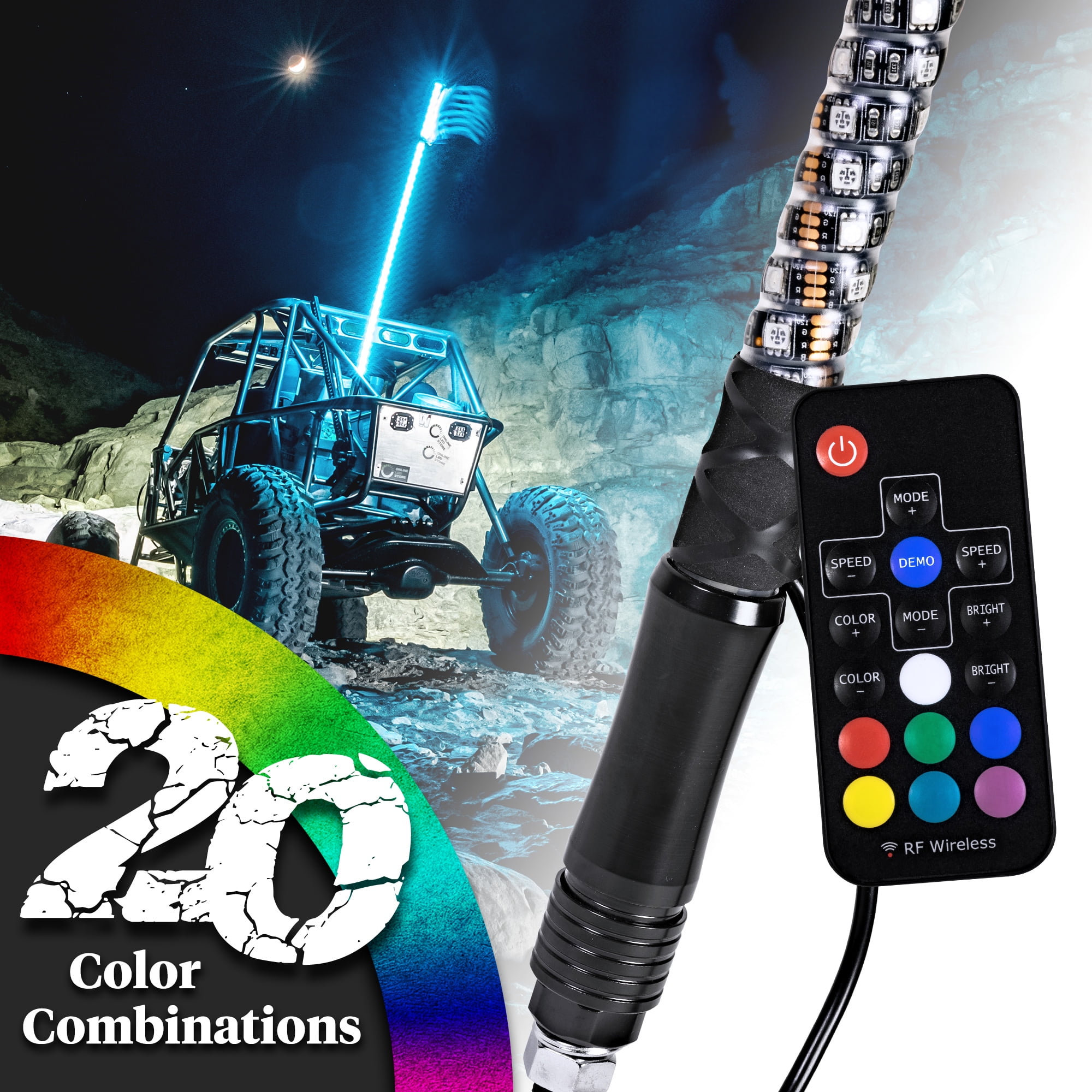 20 Colors Wireless Remote 21 Modes 5 ft - Pack of 2 Accessories for ATV Polaris RZR 4 Wheeler Weatherproof 2pc 5ft LED Whip Lights w/Flag Lighted Antenna Whips