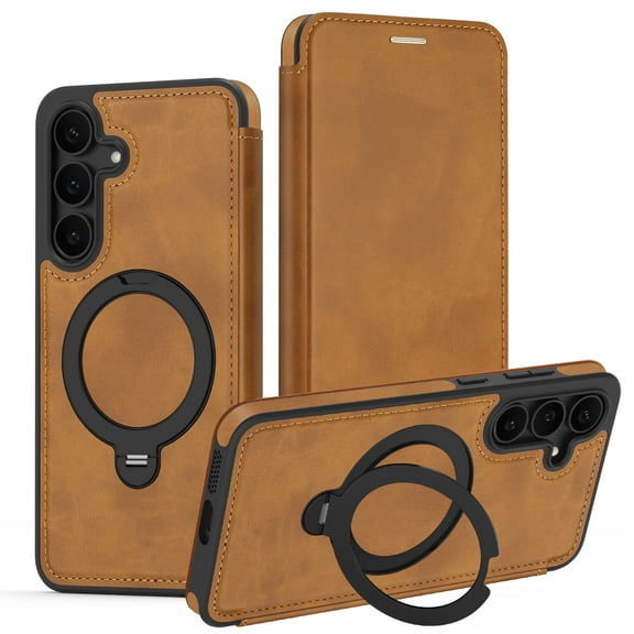 Flip Phone Case for Samsung Galaxy S25 Ultra, PU Leather Wallet Case with RFID Blocking Card Slot, Supports Wireless Charging, 360 Spin Magnetic Stand Shockproof Protective Magnetic Case, Brown