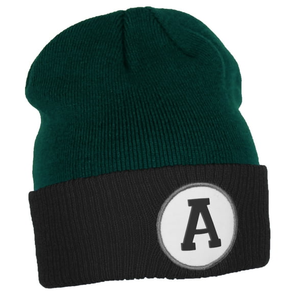 Daxton Custom A to Z Initial Letters Cuff Hat Beanie Warm Knit Skull Cap, DkGreen Black Letter A