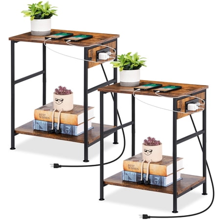 Set of 2 Rustic Brown Industrial End Tables with Charging Station, 2-Tier Nightstands with USB Ports and Outlets for Living Room Bedroom