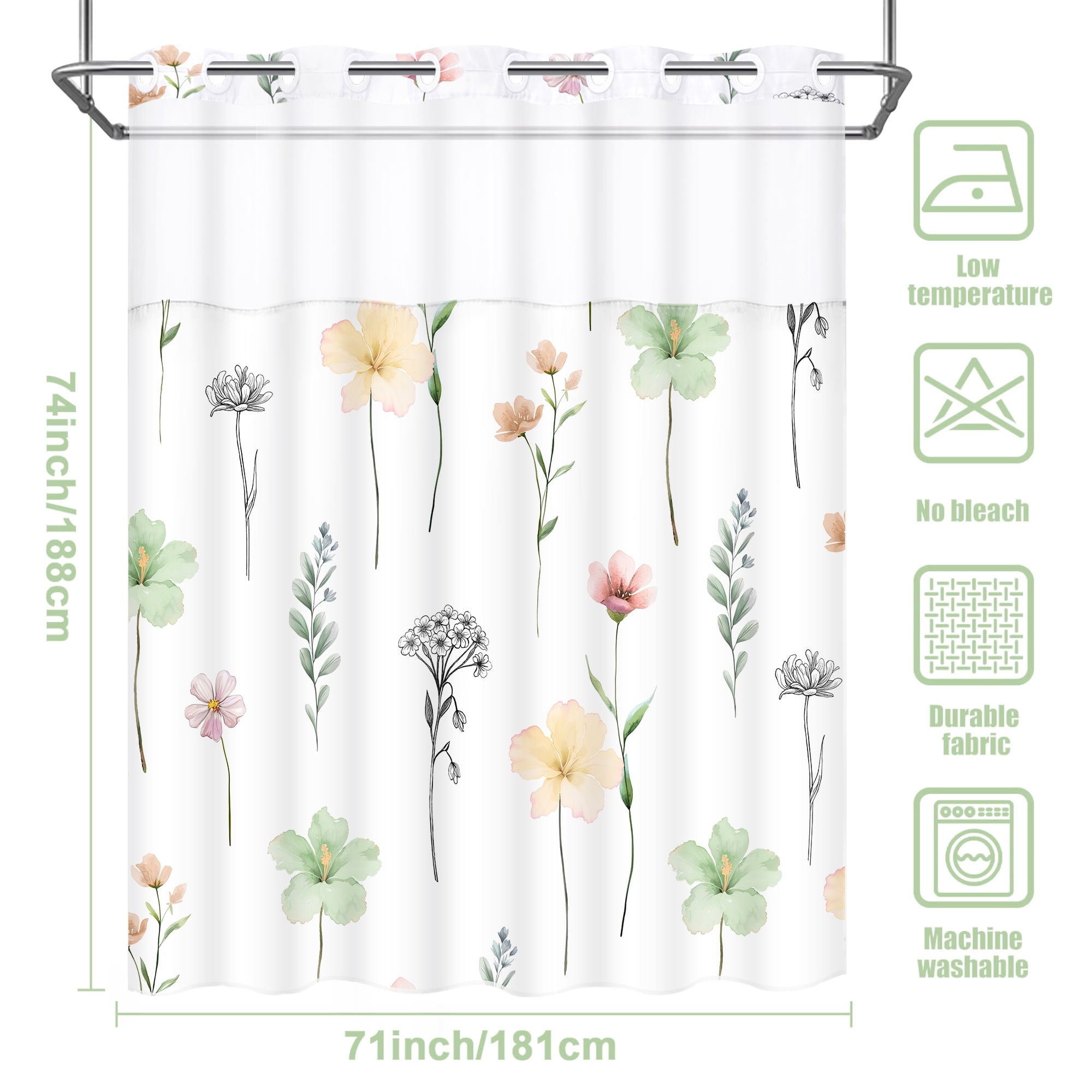 Ikfashoni Hookless Shower Curtain with Snap in Liner, Green Watercolor Flowers No Hook Waterproof Bath Curtain, 71"X74"