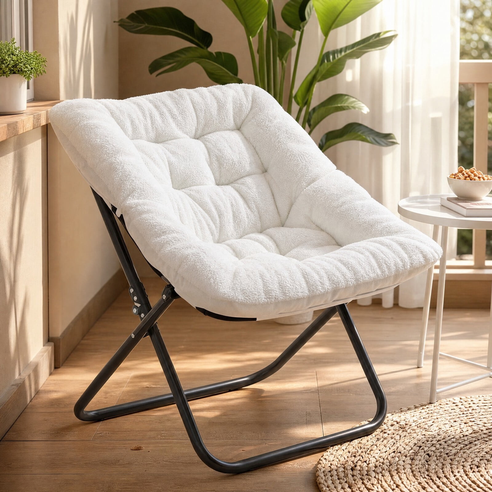 Kelno Faux Fur Folding Lounge Chair 450lb Capacity Foldable Comfy Chair Soft Plush Reading Chair, White