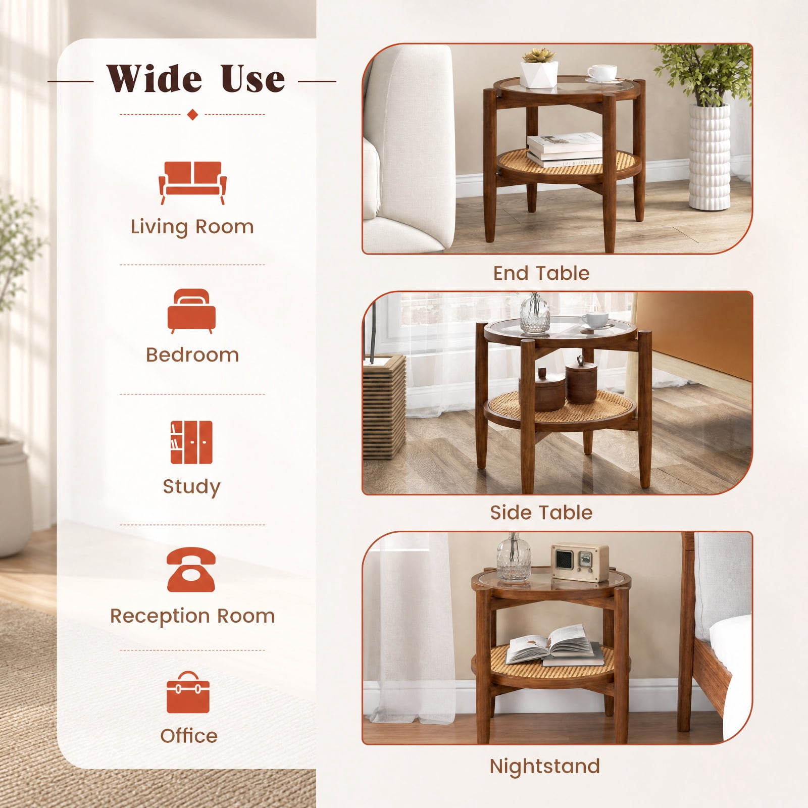 Furnibear Rattan Round Side End Table with Tempered Glass Tabletop and 2 Tier Acacia Wood Legs for Living Room Bedroom and Sofa Side, Walnut
