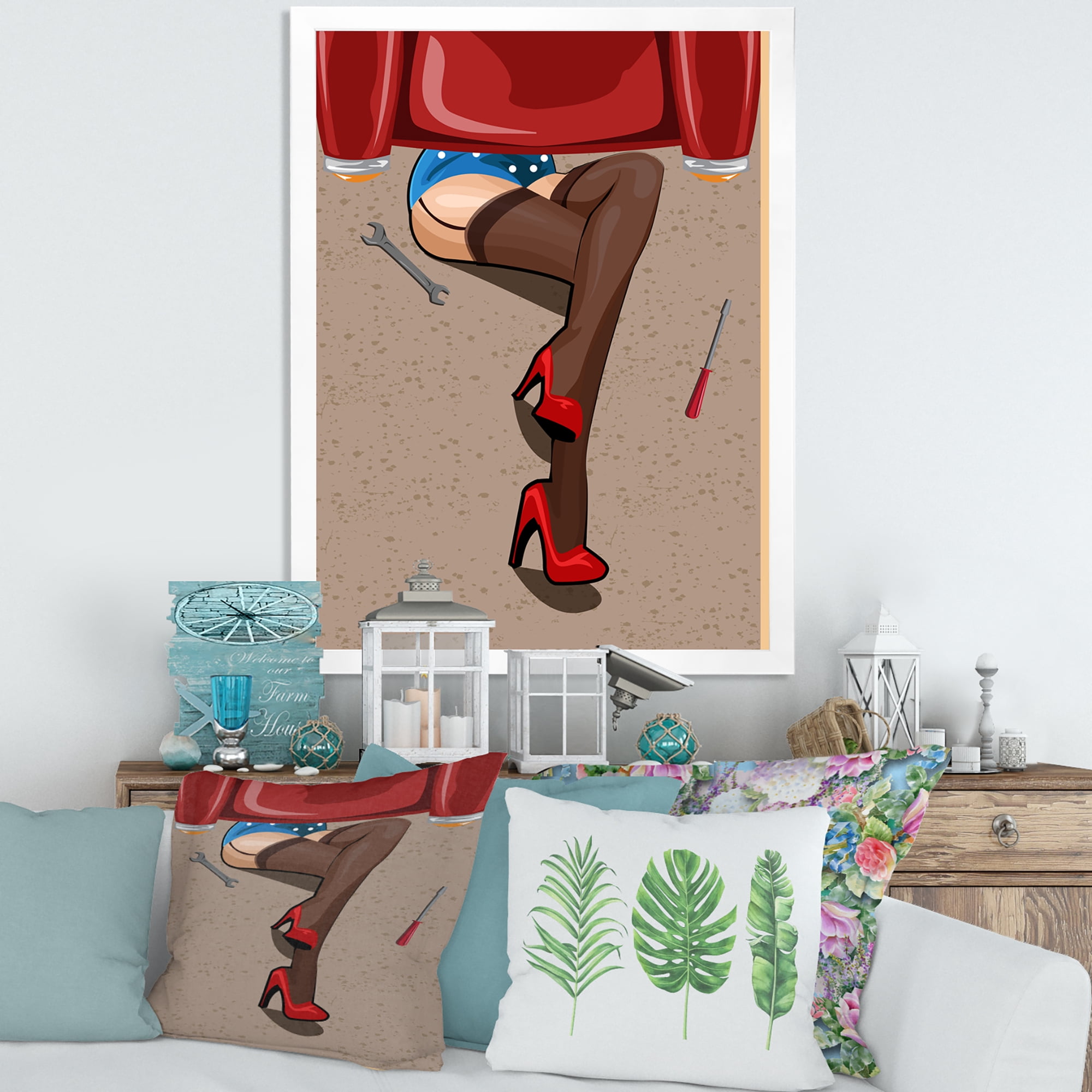 Retro Sexy Girl Repairing The Car 12 in x 20 in Framed Painting Canvas Art Print, by Designart
