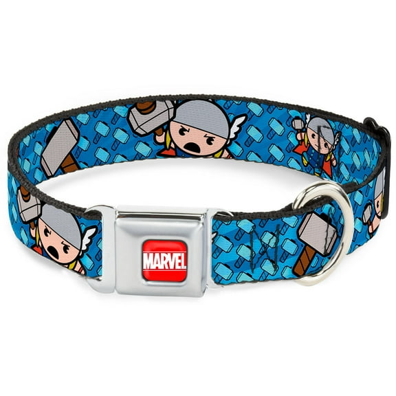 Marvel Comics Pet Collar, Dog Collar Metal Seatbelt Buckle, Kawaii Thor Poses Hammer Monogram Blues, 11 to 16.5 Inches 1.0 Inch Wide