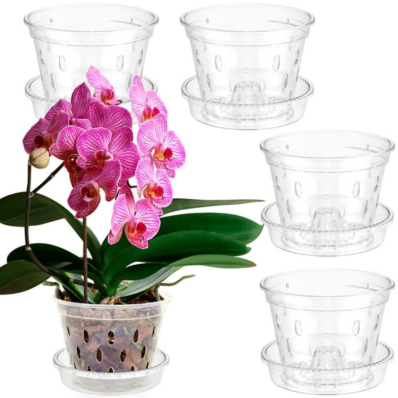 5Pcs Orchid Pot for Repotting 4/5/6 Inch Transparent Slotted Orchid Pots with Holes and Saucers Sturdy Plastic Orchid Pot Breathable Flower Plant Pot Clear Nursery Pots for Orchids