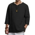 thumbnail image 2 of BADHUB Men's Cotton Linen T Shirts Big & Tall 3/4 Sleeve Lightweight Tee Shirt Solid Color Pull Up Sleeve Summer Tops 2025 Black M, 2 of 7