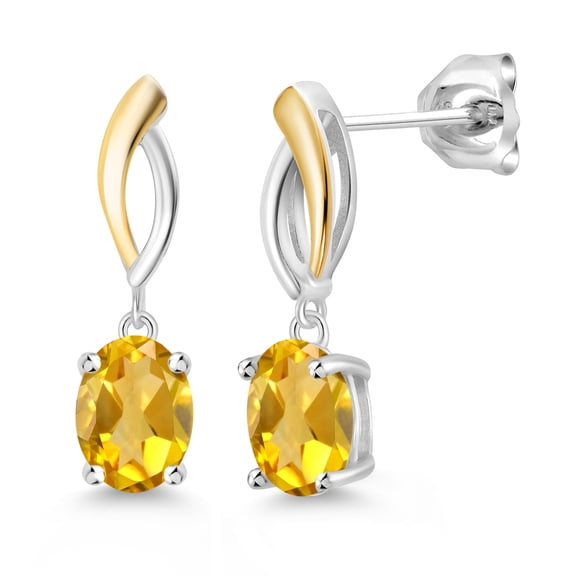 Gem Stone King 2.60 Ct Oval 8x6mm Yellow Citrine 925 Silver and 10K Yellow Gold Dangle Earrings