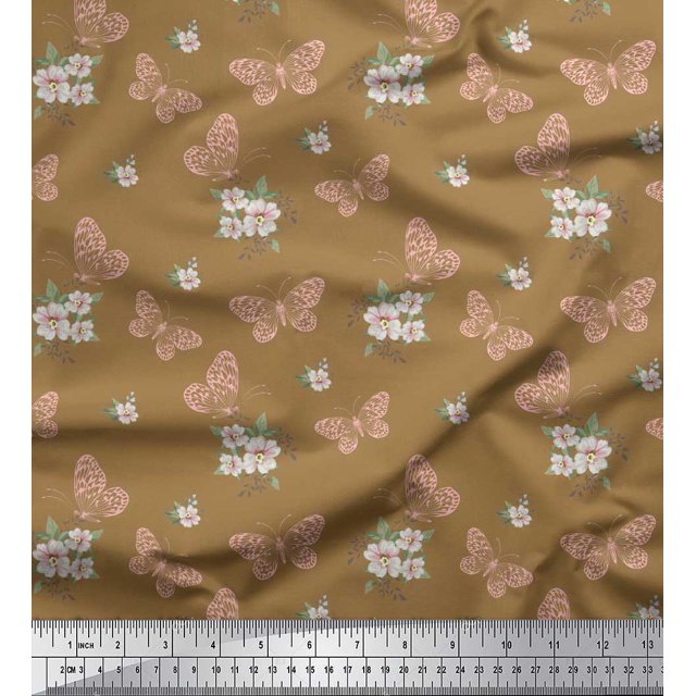 Soimoi polyester Crepe Fabric Leaves,Floral & Butterfly Print Fabric by the Yard 42 Inch Wide