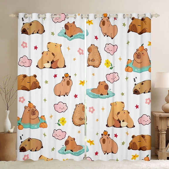 Erosebridal Kawaii Animal Capybara Black Out Curtains For Boys Girls,Kids Groovy Flowers Curtains Pack of 2 (42x63 Each),Microfiber Bedroom Decor