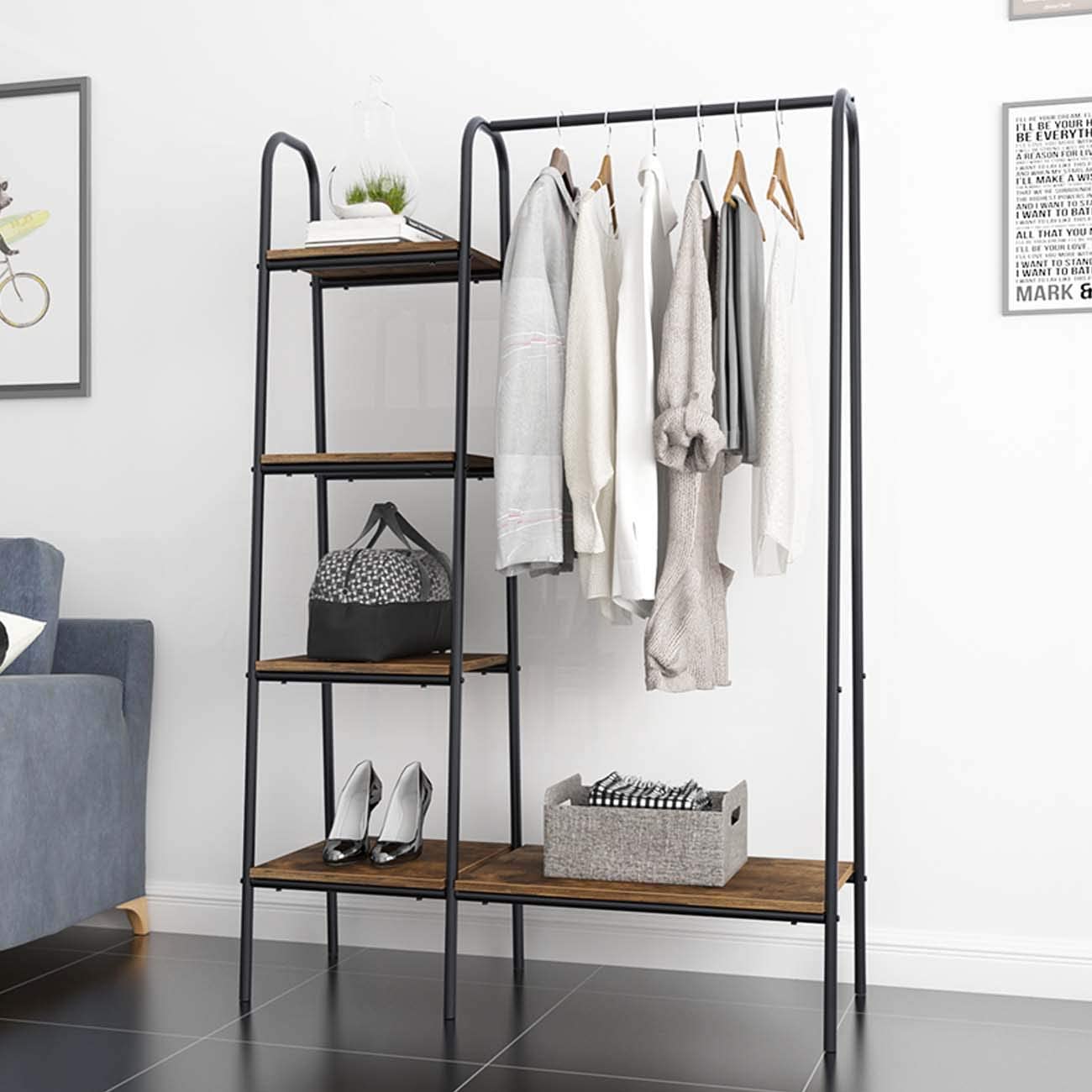 Metal Garment Rack Home Storage Rack Hanging Clothing Bar with Multi Wooden Shelves 60" x 40" - image 3 of 12