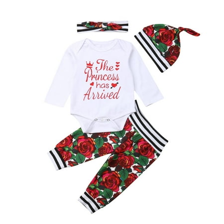 

Binpure Baby 4PCS Outfit Set Letter Romper Floral Pant Hair Band Beanie Hat