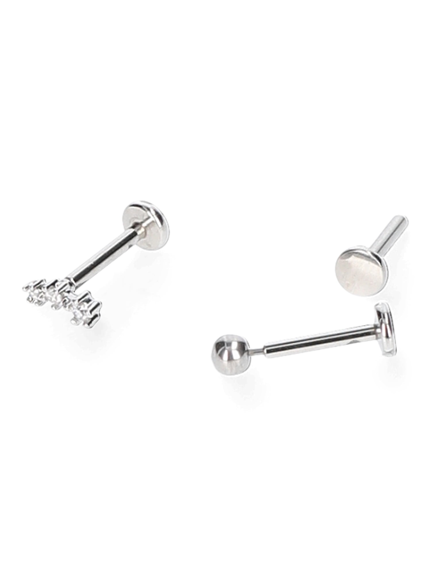 No Boundaries Women's CZ Cartilage Stud Pack, Stainless Steel, 3-Piece Set
