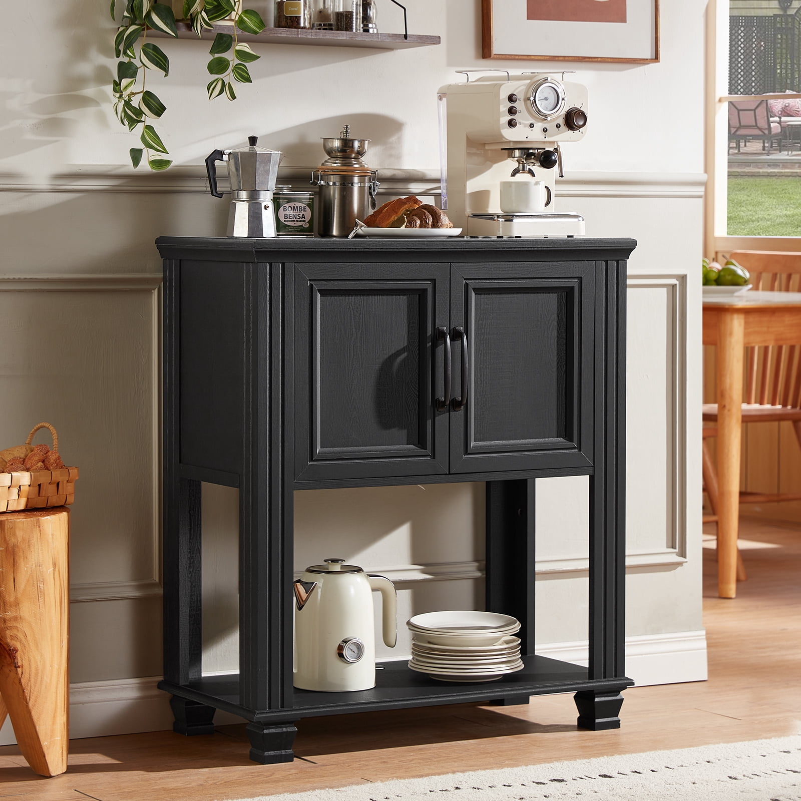 Buildhom Farmhouse Coffee Bar Cabinet with 2 Doors & Open Shelf, Kitchen Storage Station for Dining Room, Living Room, Black