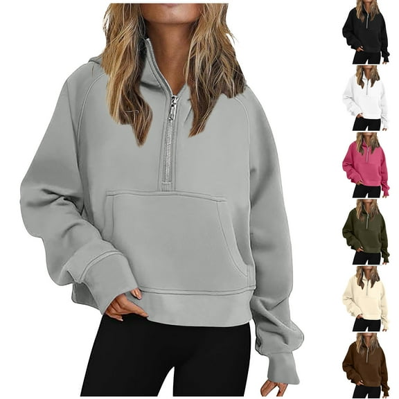 Lovskoo Women's Half Zip Cropped Hoodies Sweatshirt Fleece Lined Pullover Lapel Collar Winter Clothes 2023 Outfits Outerwear Coat White