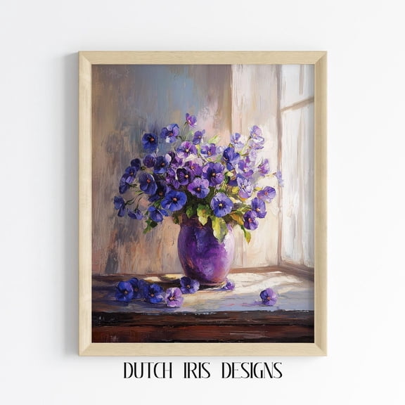 Impressionist Violet Bouquet In Sunlit Room, Floral Art, Rustic Cottagecore Wall Decor, Charming Print 333 Home Decor #1977, Unframed Poster Size 8x12