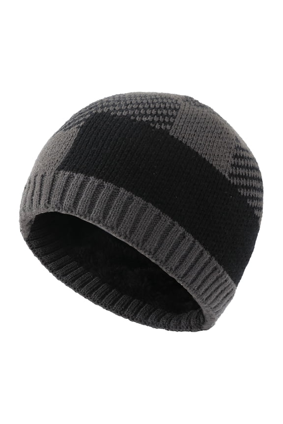 Skull Cap Unisex Plaid Color Block Knitted Ear Flap Beanie Hat Thick Fleece Lined Windproof Thermal Winter Outdoor Warm Cap For Men Women Ski Travel Daily Walk Dark Gray
