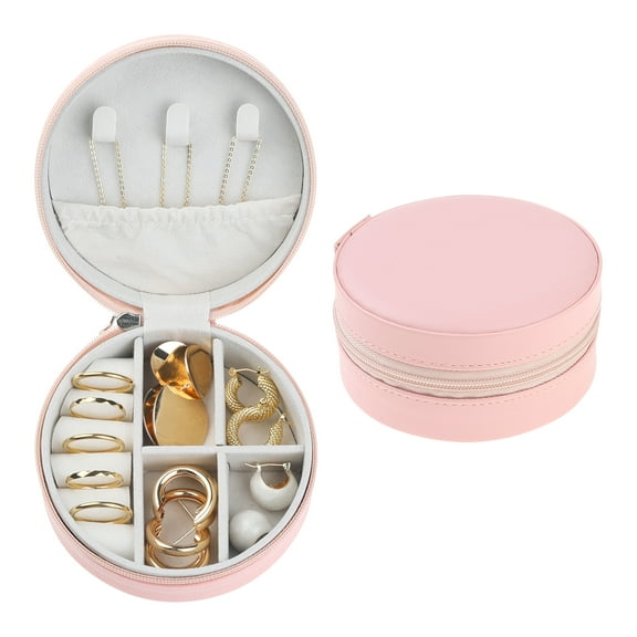 REGALWOVEN Travel Accessory Box for Girls Gifts, Small Round Portable PU Leather Accessory Organizer Case Storage Pink