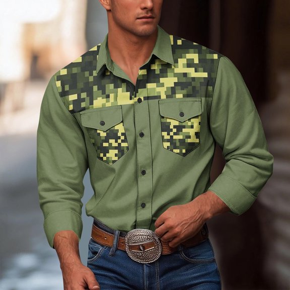 Dolkfu Tee Shirts Mens Button Up Graphic Workwear Stretch Workwear Relaxed Fit Collared Shirt Tops for Man L