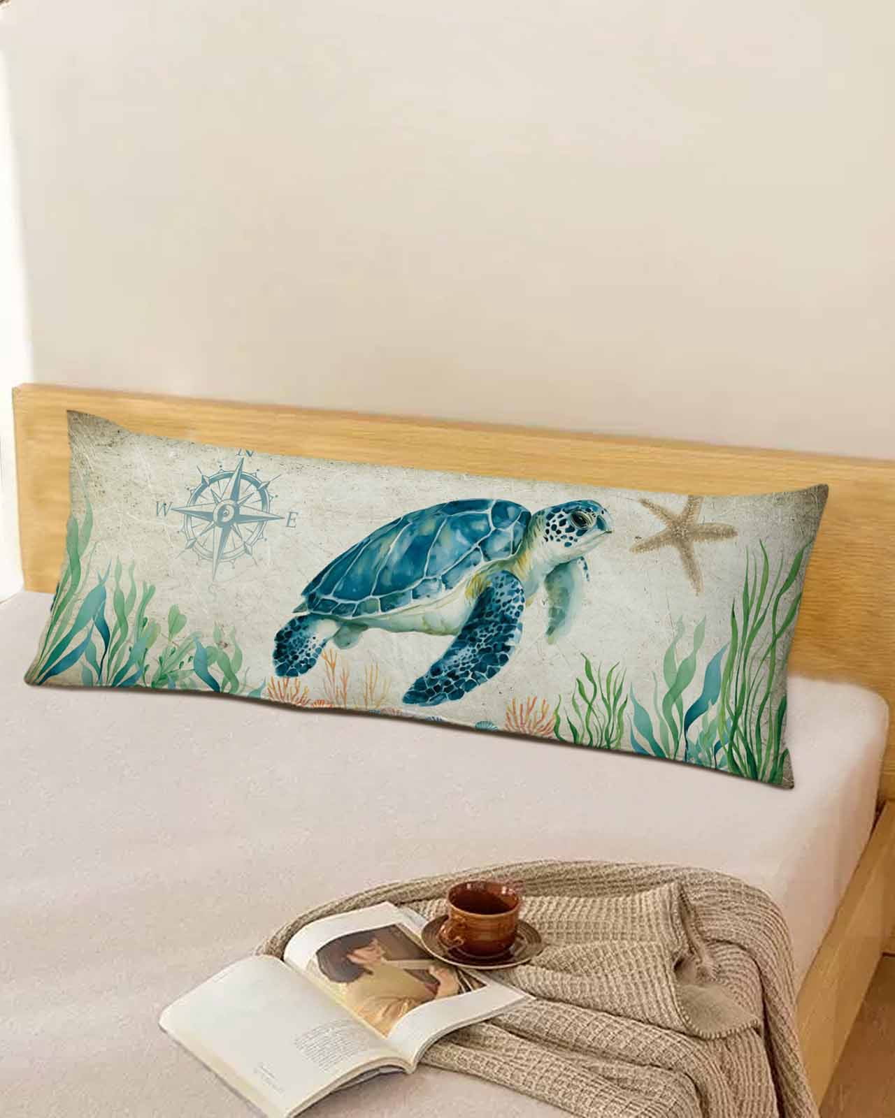 Ocean Turtle Body Pillow Cover 20 x 54 Inch Decorative Pillow Cover Coast Starfish Compass Coral Green Seagrass Lumbar Pillowcase Seasonal Rectangle Cushion Case for Couch Sofa Bed Living Room