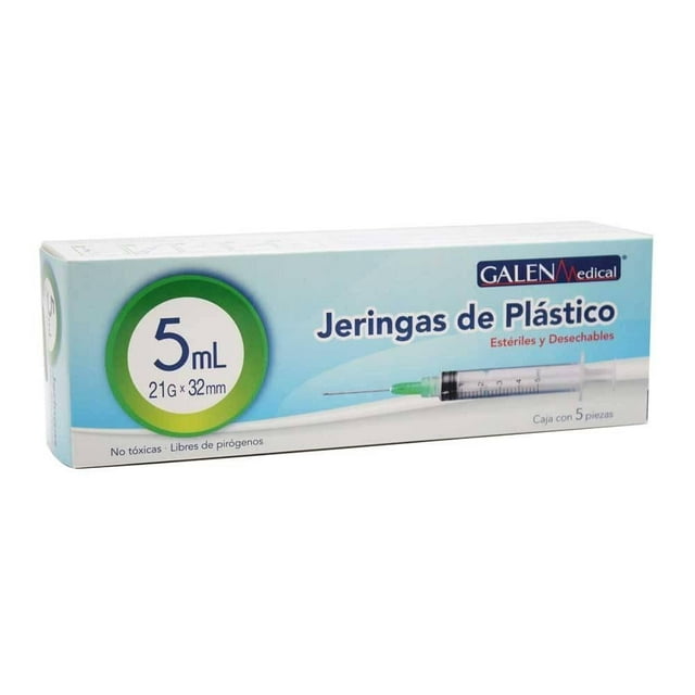 Jeringas Galen Medical estériles y desechables de plástico 5 ml 21 G X 32 mm caja con 5 pzas