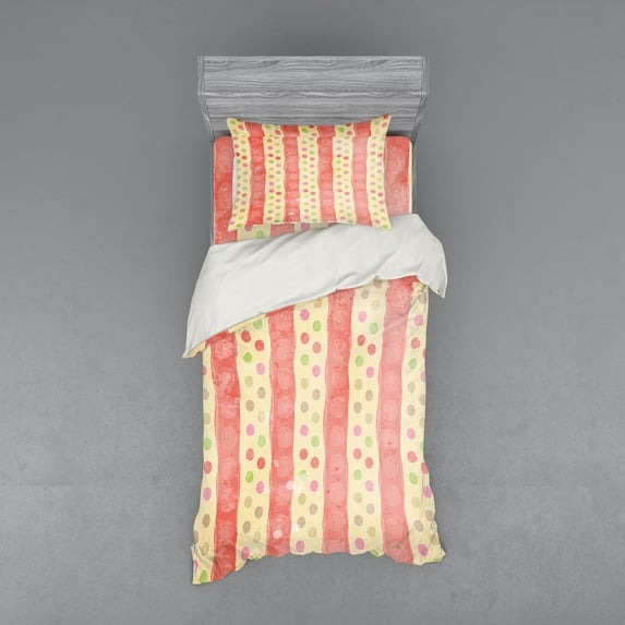 Abstract Duvet Cover Set, Retro Stripes and Dots in Watercolor Featured Effects Nostalgic Pattern, Bedding Set with Shams and Fitted Sheet, 3 Sizes, by Ambesonne