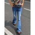 thumbnail image 5 of Women’s Mid Rise Distressed Flare Jeans Vintage Wash Y2K Retro Denim with Raw Hem 70s Hippie Edge, 5 of 8