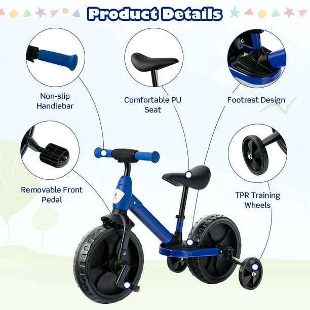 Costway 4 in 1 Kids Training Bike Toddler Tricycle w Training Wheels Pedals Blue